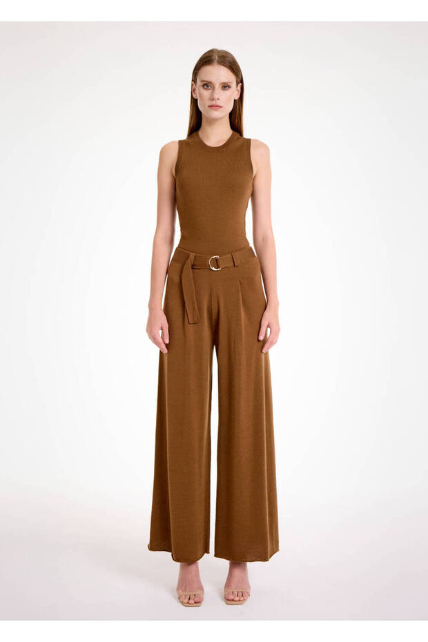 Merino Yün Tütün Rengi Triko Pantolon - 2
