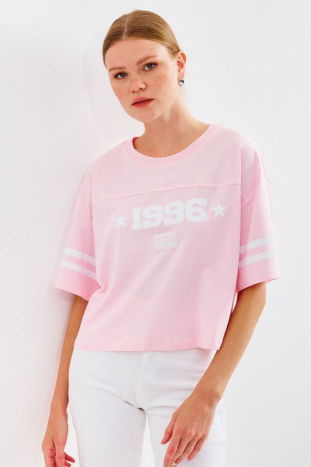 4322 Baskılı Oversize Basic Tişört - Pembe - 3