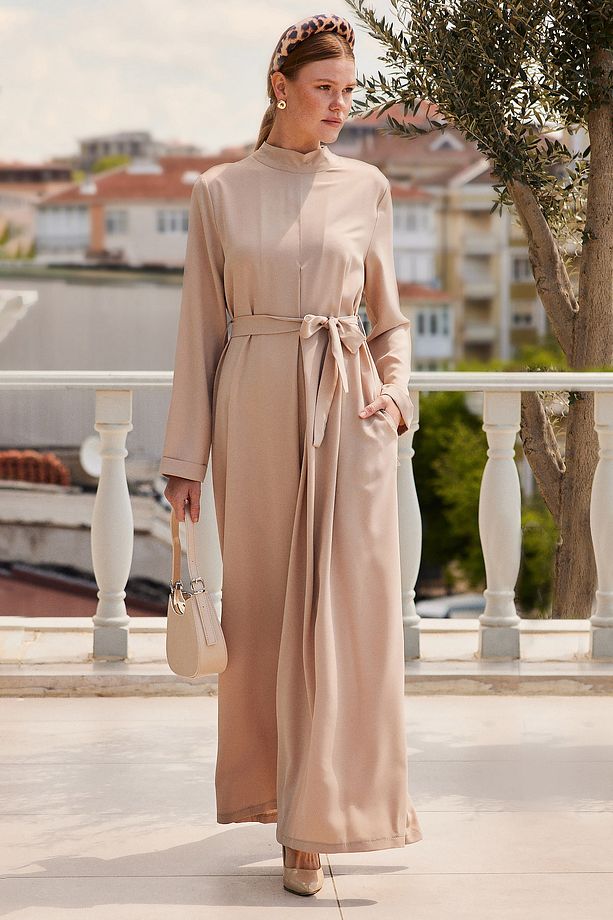 7028 Uzun Tulum Elbise - Bej - 5