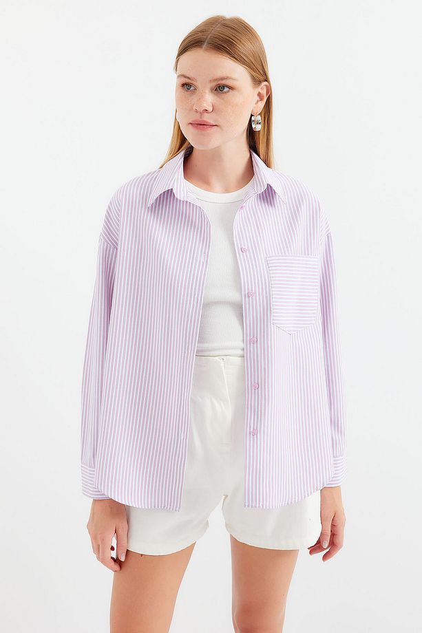 20212 Tek Cepli Çizgili Oversize Gömlek - Pembe - 1