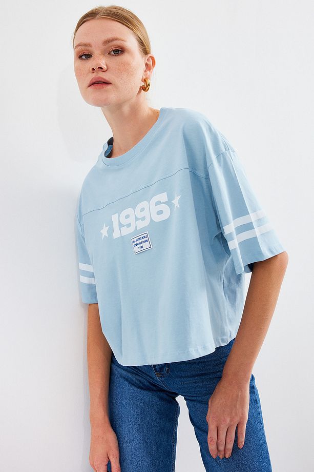 4322 Baskılı Oversize Basic Tişört - Mavi - 4