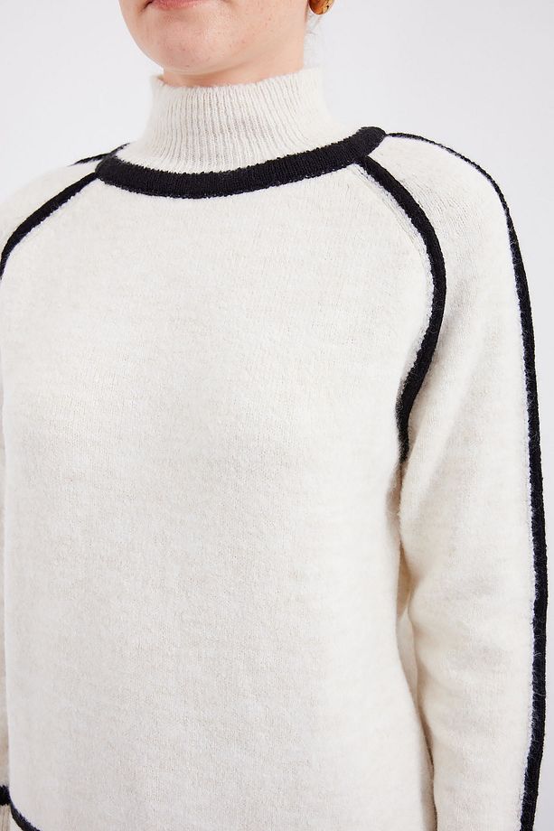 15879 Çizgili Oversize Triko Kazak - Ekru - 4