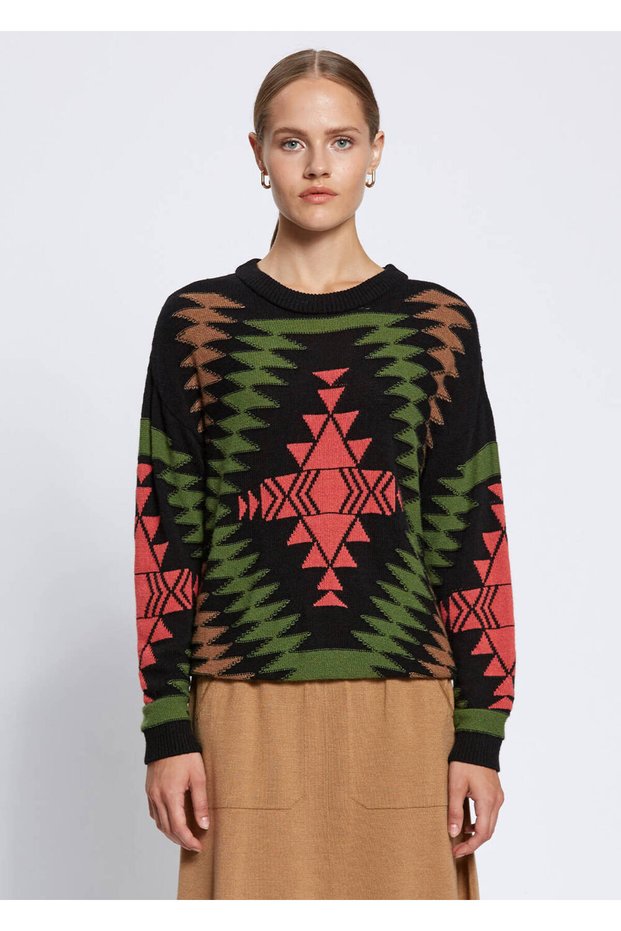 Ethnic Patterned Intersia Black Green Knitwear