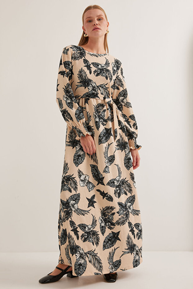 Women's Anthracite Cream Patterned Knitted Hijab Dress 1525