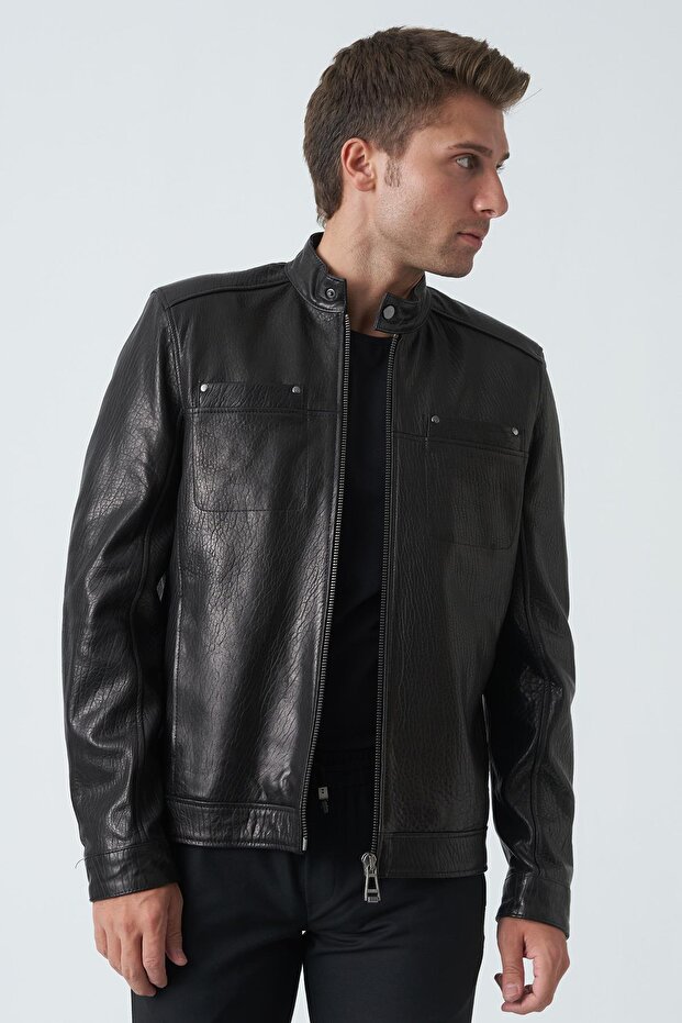 Bath 5007 معطف Aleko Slim Fit من جلد الخراف باللون الأسود