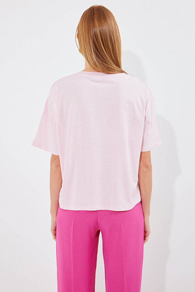 4318 Baskılı Basic Tişört - Pudra - 5