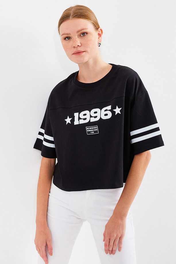 4322 Baskılı Oversize Basic Tişört - Siyah - 3