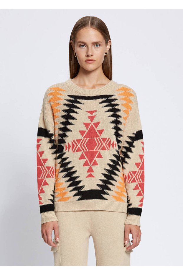 Ethnic Patterned Intersia Beige Black Knitwear