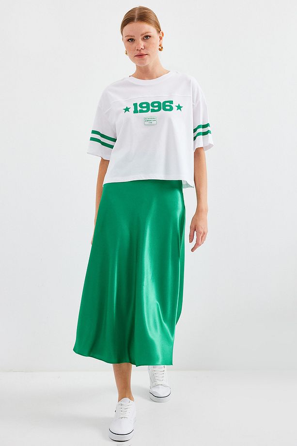 4322 Baskılı Oversize Basic Tişört - Beyaz - 3