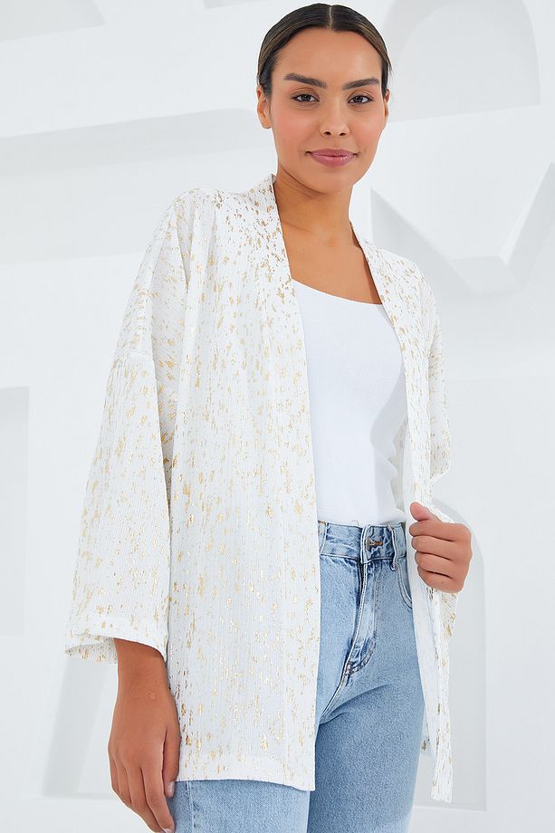 Kadın Ekru Varaklı Örme Kimono 5925 - 3