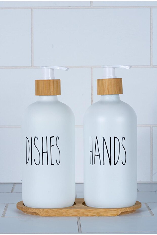 Earthy Glass Liquid Soap Dispenser Set with Stand 2 Pieces - White