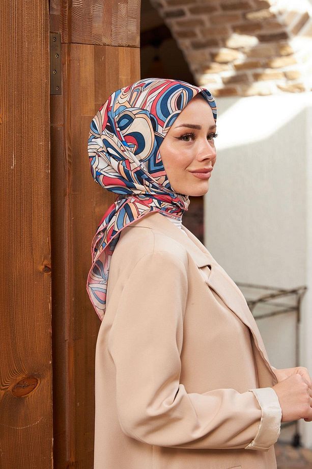 Geo Oval Soft Eşarp Petrol Mavi Pembe 1158-09 - 2