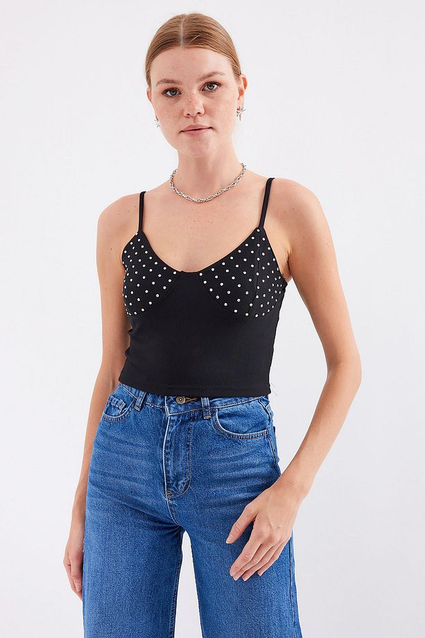 918 İp Askılı Crop Top - Siyah - 3