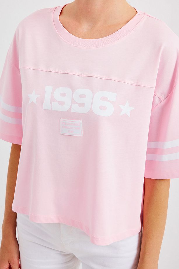 4322 Baskılı Oversize Basic Tişört - Pembe - 5