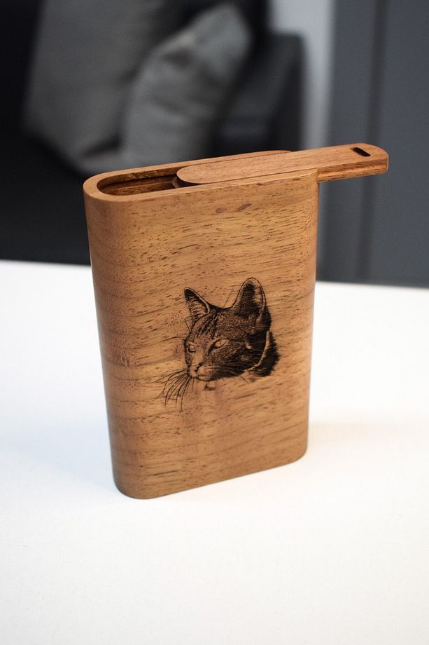 Ahşap Slider Kapaklı Kedi Desenli Uzun Sigaralar İçin Sigara Tabakası Sigara Kutusu - 3