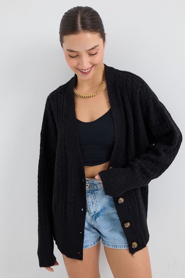 15885 Örgülü Oversize Triko Hırka - Siyah - 3