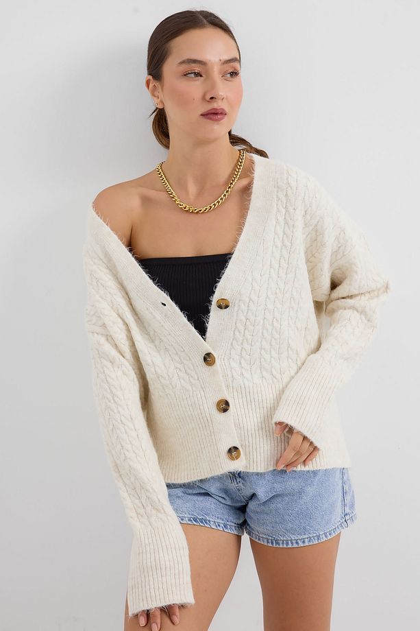 15885 Örgülü Oversize Triko Hırka - Ekru - 4