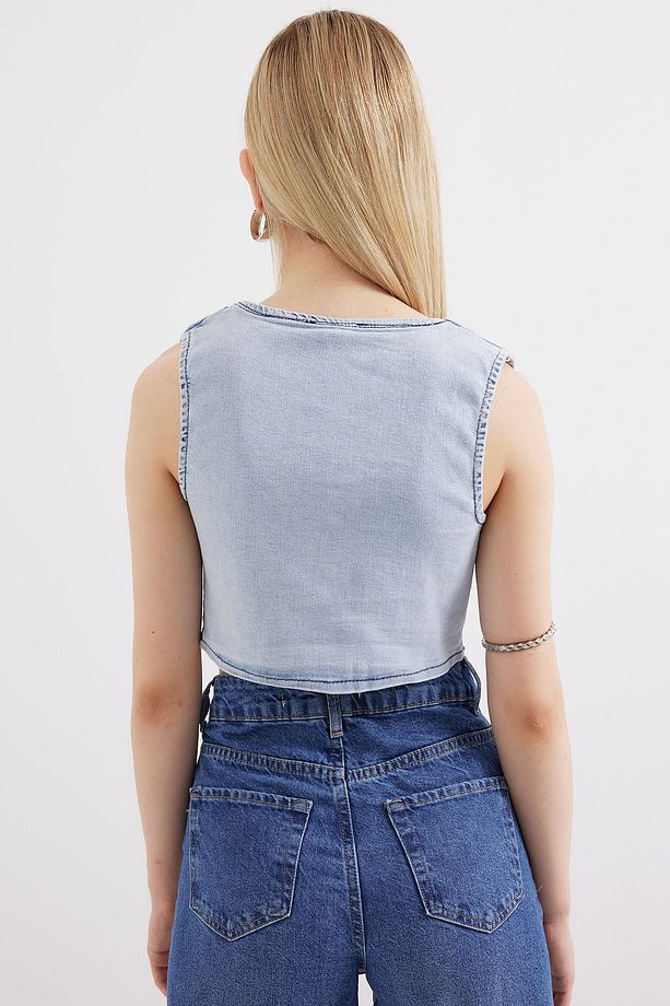 6797 Crop Kot Yelek - Mavi - 6