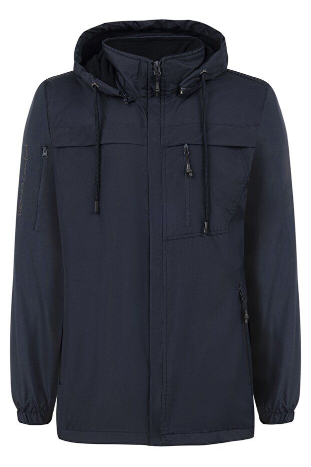Men's hooded windproof winter coat with pocket detail and fleece lining - navy rmnt01