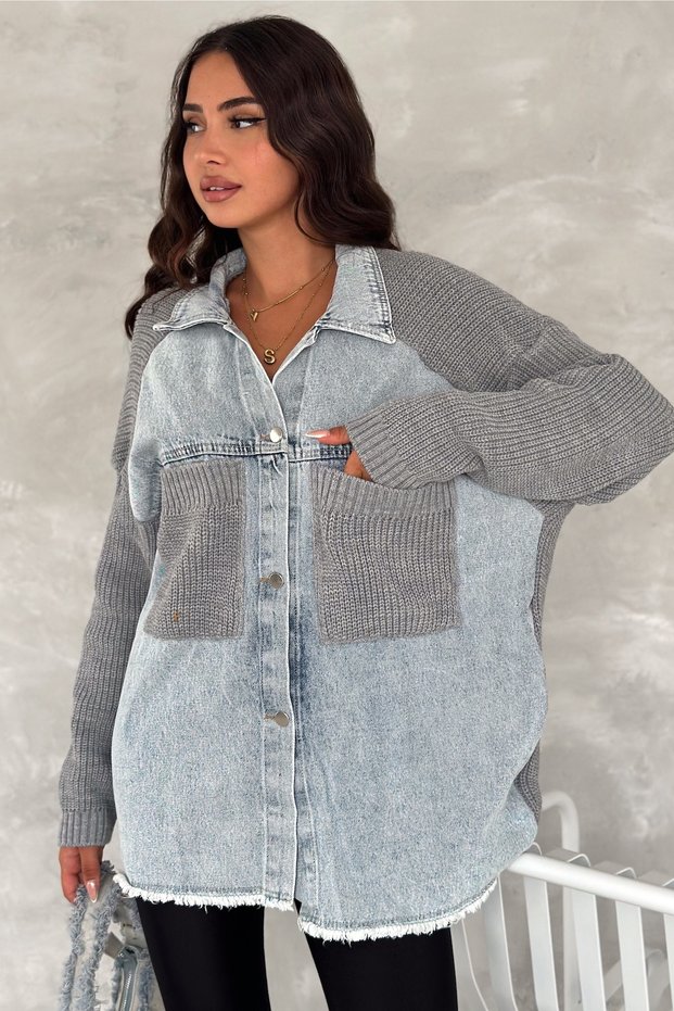 Women's Gray Standard Size Sleeves and Pocket Knitted Oversized Denim Paneled Cardigan