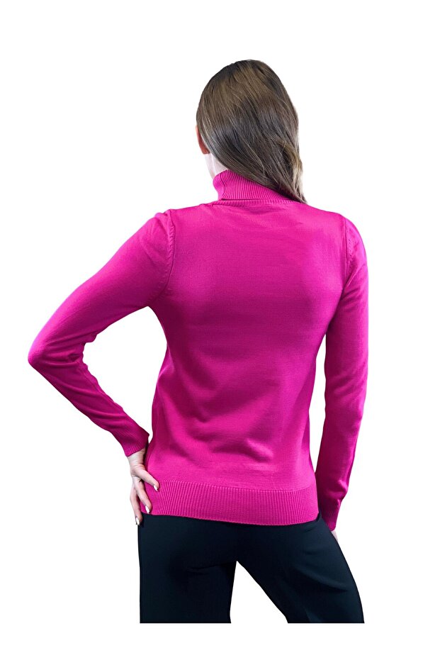 Fuşya Balıkçı Yaka Basic Kadın Triko Kazak - 4