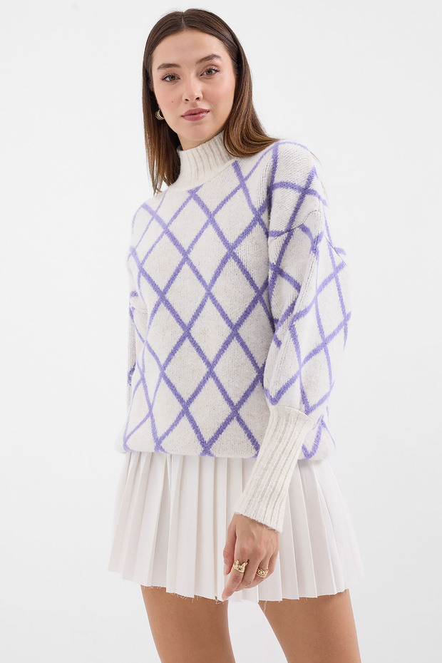 15889 Balıkçı Yaka Oversize Triko Kazak - Lila - 3