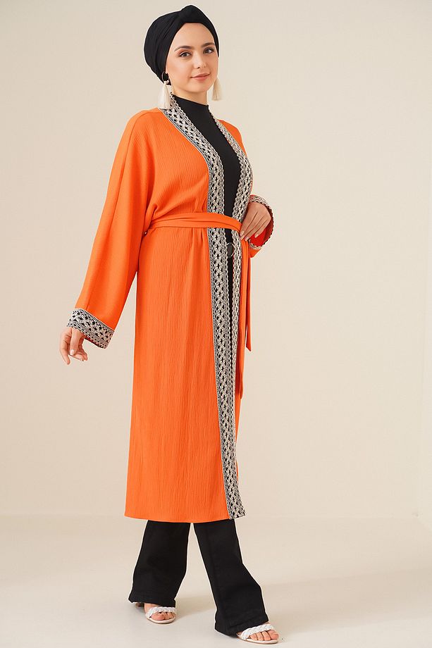 5865 Nakışlı Örme Uzun Kimono - Turuncu - 4