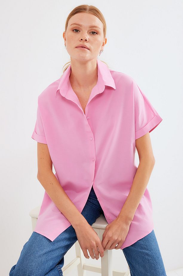 20120 Oversize Kısa Kollu Gömlek - Pembe - 7