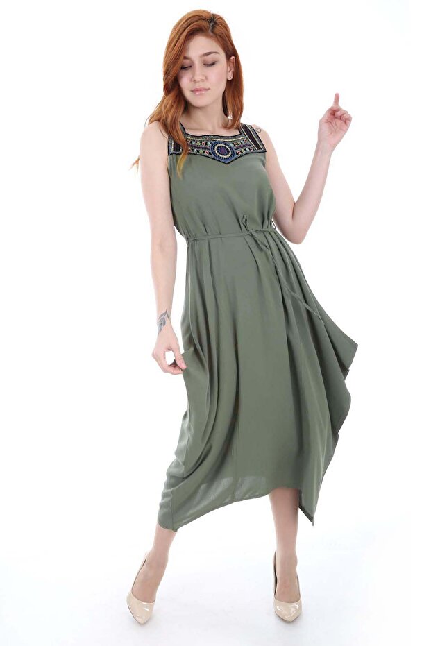 1512 Önü Nakışlı Elbise - Haki - 3