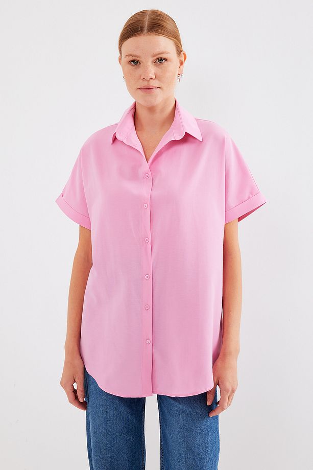 20120 Oversize Kısa Kollu Gömlek - Pembe - 3