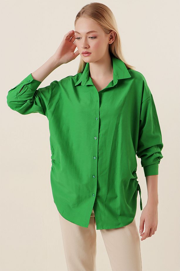 20132 Ip Büzgülü Oversize Gömlek - Yeşil - 4