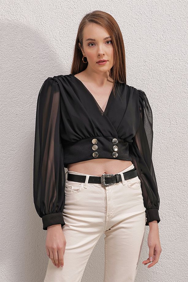 0464 Balon Kol Crop Bluz - Siyah - 1