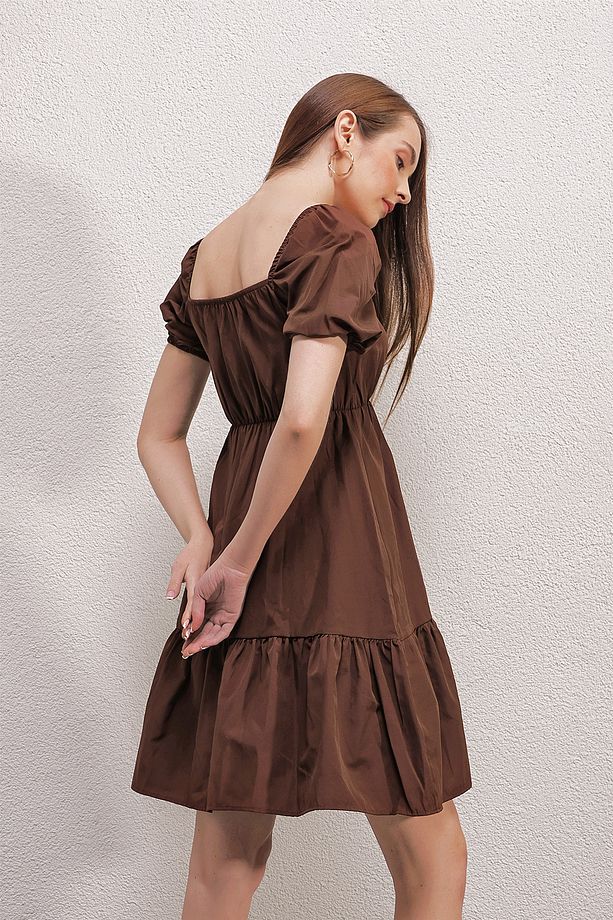 2351 Kloş Poplin Elbise - Kahverengi - 6