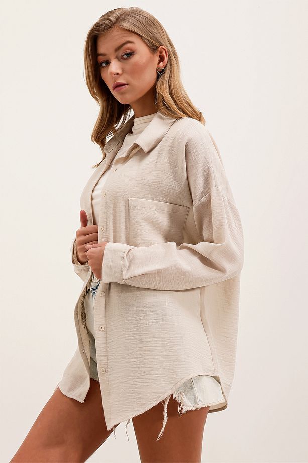 20153 Tek Cepli Oversize Keten Gömlek - Krem - 5