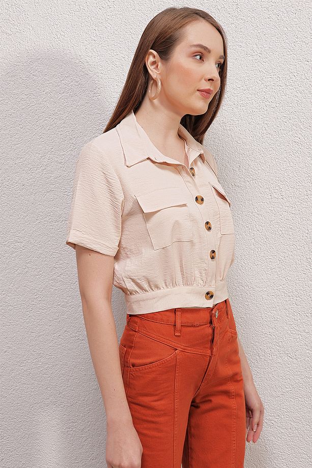 0663 Crop Ceket - Krem - 3
