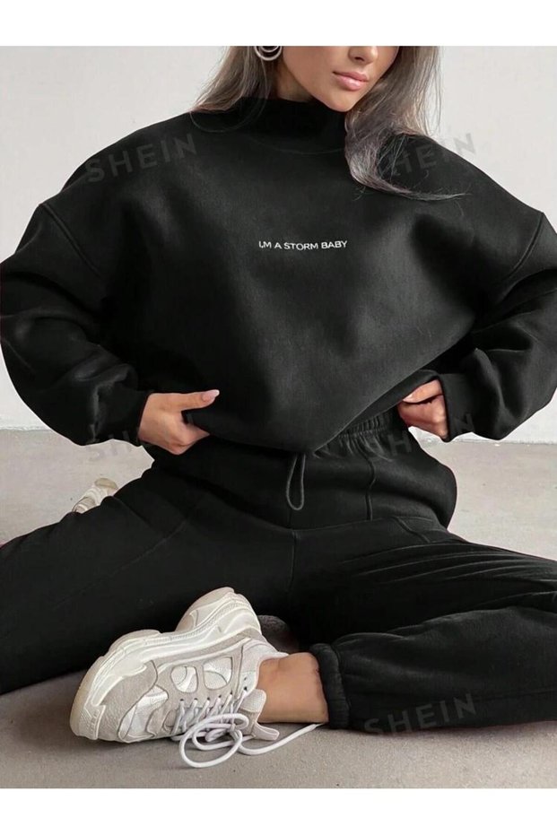 Women's Storm Baby Stand Collar Crop Sweatshirt Sweatpants 3 Thread Double Suit