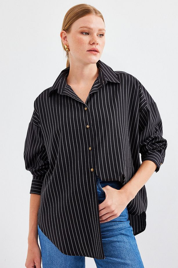 20208 Çizgili Oversize Uzun Basic Gömlek - Siyah - 3