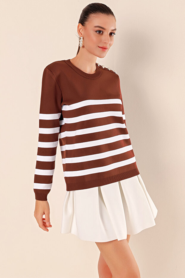 15820 Button Detailed Striped Sweater - Brown