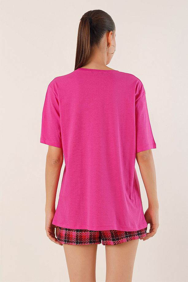 4312 Nakışlı Oversize Tişört - Fuşya - 6