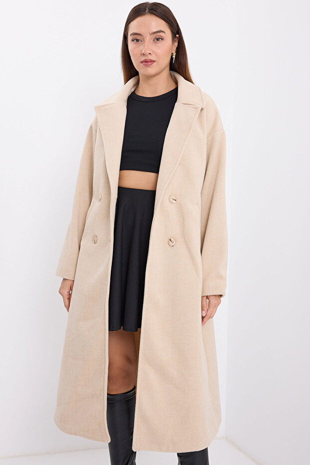 Cream Oversize Wide Cut Woolen Long Eyebrow Coat 9113
