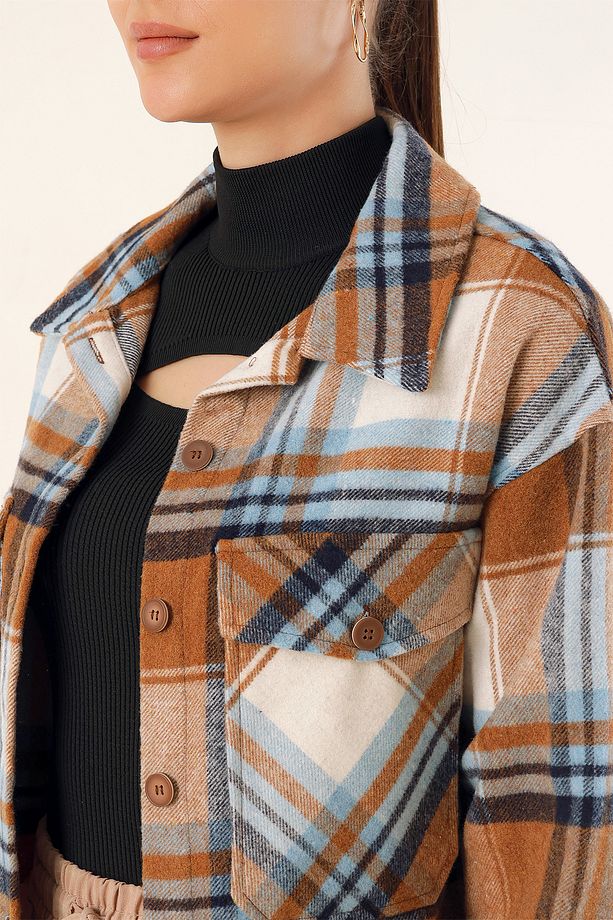 Brodie Kaliteli Kadın Oversize Oduncu Gömlek Taba - 5