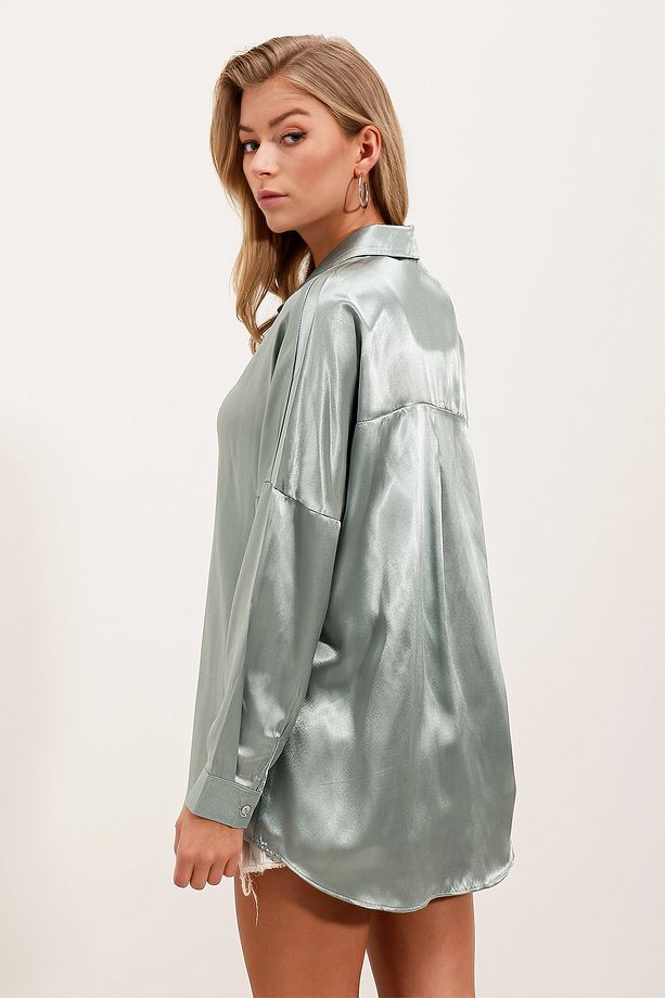 3985 Oversize Saten Gömlek - Çağla - 5