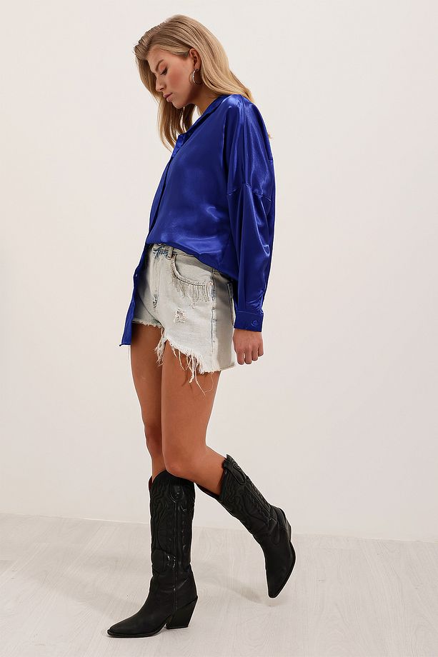 3985 Oversize Saten Gömlek - Saks - 2