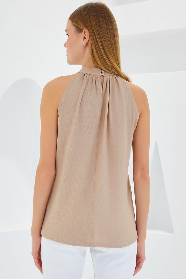 0489 Halter Yaka Örme Bluz - Bisküvi - 5