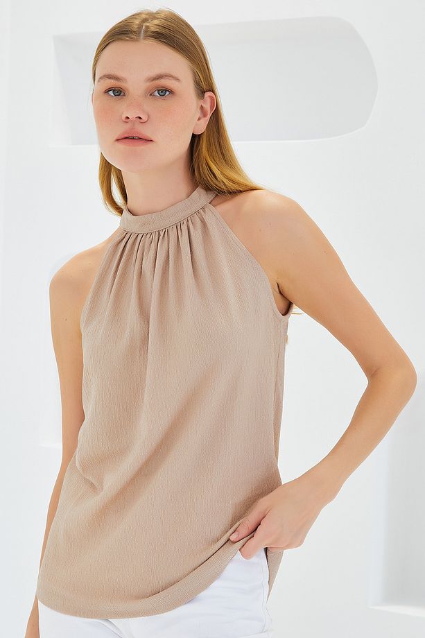 0489 Halter Yaka Örme Bluz - Bisküvi - 3