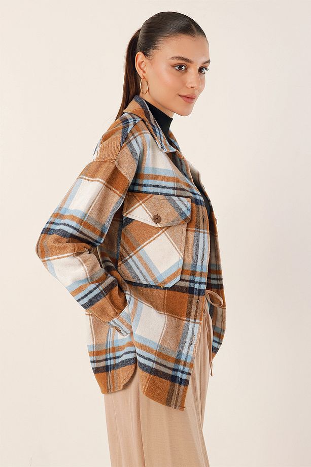 Brodie Kaliteli Kadın Oversize Oduncu Gömlek Taba - 4