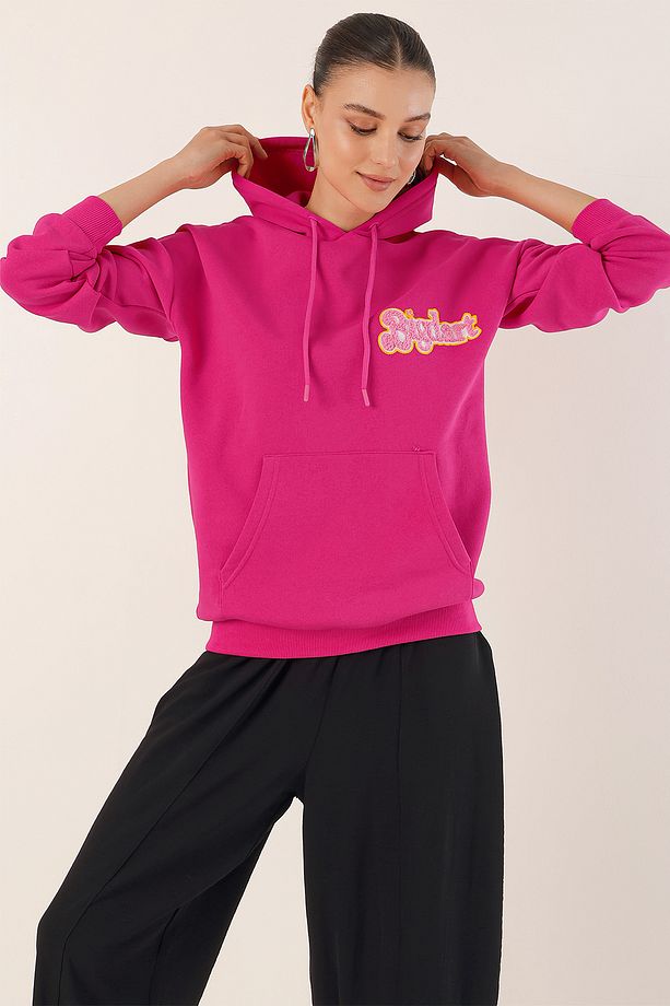 55424 Nakışlı Oversize Sweatshirt - Fuşya - 1
