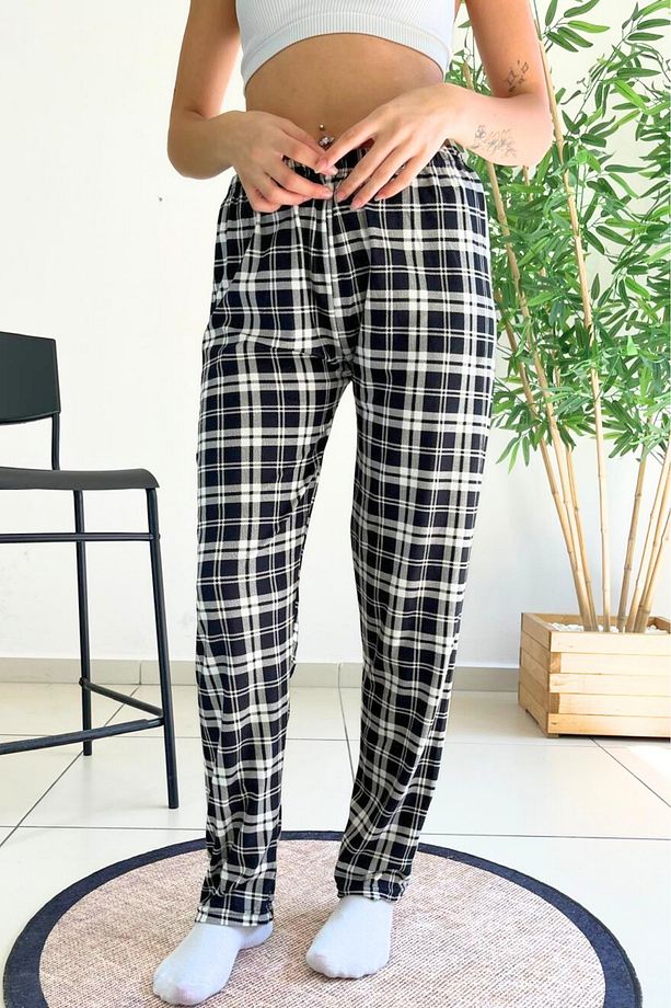 Dreamy Soft Kadife Dokulu Ekose Kareli Süet Pijama Altı Pantolon - 1