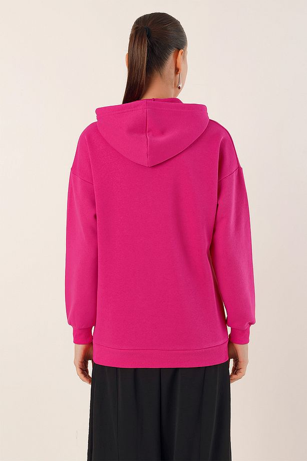 55424 Nakışlı Oversize Sweatshirt - Fuşya - 6