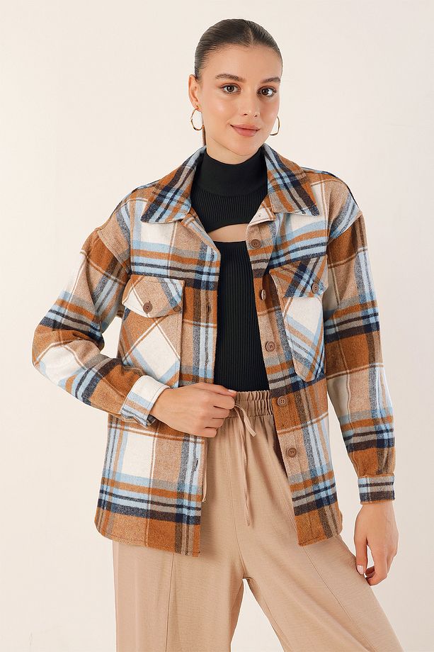 Brodie Kaliteli Kadın Oversize Oduncu Gömlek Taba - 1